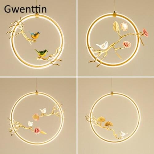 Round Ring Pendant Lights Flower Bird Home Art Decor Hanging Lamps for Dining Room Bedroom Hanglamp Led Light Fixtures Luminaire