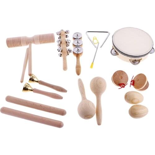Baby Hand Percussion Musical Instrument Set Wooden Sand Maraca Shaker Tambourine Toddlers Early Learning Toy Rhythm Stick