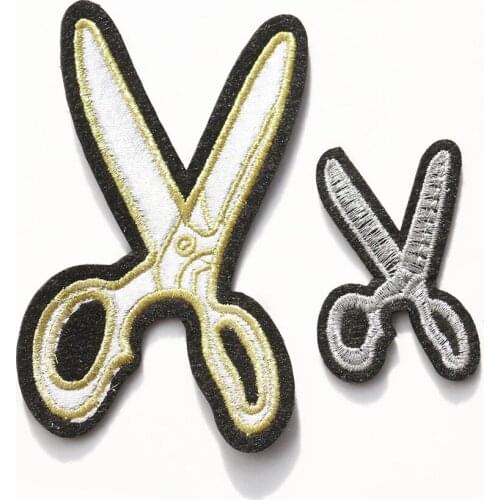 2PC Haircut Scissors Patch Golden Embroidered Iron on Patches Clothing Cosplay Barber Tailor Applique Embellished Finishes Badge