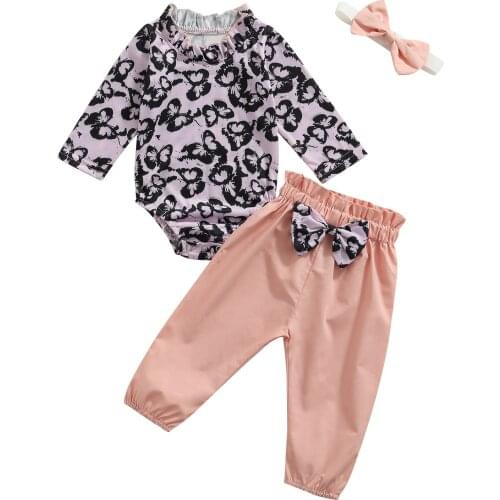 New Baby Girl Clothes Set Butterfly Print Long Sleeve bodysuit Top Trousers Headband Autumn Baby Outfit Toddler Clothing Set