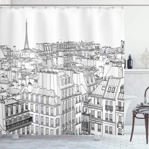 Paris Shower Curtain Architecture Theme Design Illustration of Roofs in Paris and Eiffel Tower Print Bathroom Decor Set