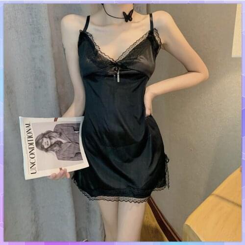 Sexy Women Dress Deep V Nightdress Lace Sleepwear Ice Silk Nightie Summer Nightgown Thin 2021 Sleeveless Nightwear Home Clothes