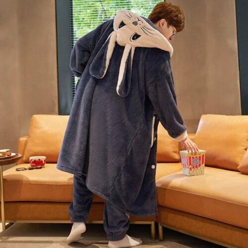 Sleepwear Sleeping Robe Male Winter Thickened Long Section Coral Fleece Pajamas Rabbit Warm Autumn Winter Facecloth Bathrobe Set