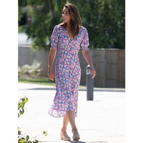 Kate Middleton Fashion New Summer Women Midi Dress High Quality Elegant Chic V-neck Party Casual Office Floral Print Dress