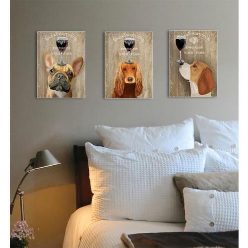 Drop shipping wine Cute Dog Wall Drawing Canvas Printings Diy Oil Painting Posters For Kids Bedroom Home Decoration Pictures