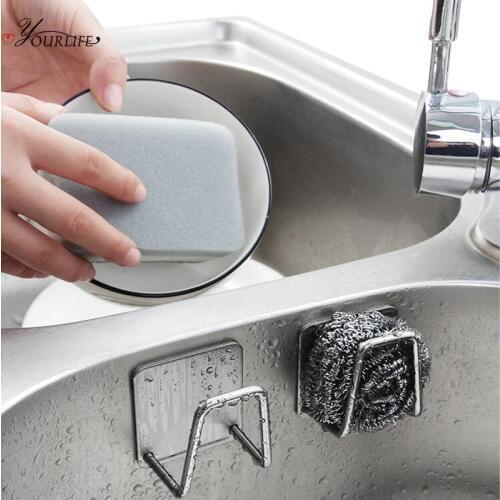 OYOURLIFE Kitchen Stainless Steel Sponges Holder Self Adhesive Sink Sponges Drain Drying Rack Kitchen Sink Accessories Organizer