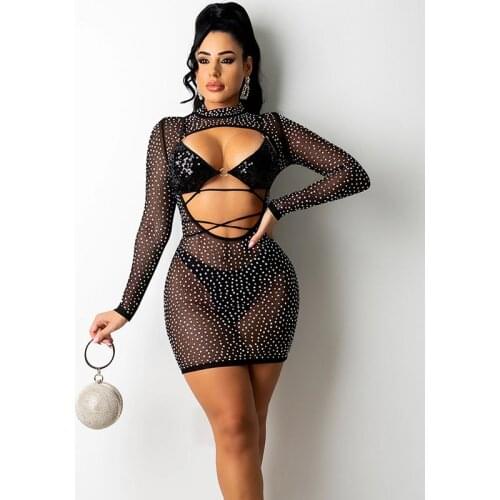 Sexy Mesh Sheer Sparkly Party Dress Women Night Club Rhinestones Long Sleeve Bodycon Dress Elegant Christmas Birthday Outfits