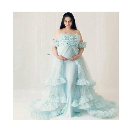 Light Sky Blue Tulle Maternity Dressing Gowns Cap Sleeves Ruffles Pleated With Train Stretchy Mermaid Bridal Pregnancy Dress