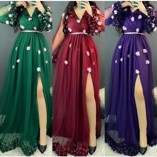 Vintage A-Line Tulle Long Purple Flower Evening Dresses with Slit Zipper Back Long Abendkleider Formal Party Gown for Women