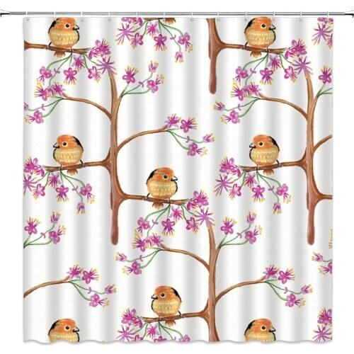 Flower Shower Curtains Color Pink Floral and Bird Hand Painted Animal Bathroom Polyester Home Bath Cloth Hanging Curtain Set