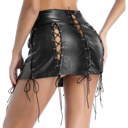 Womens Faux Leather Sexy Skirt Gothic Stylish Punk Hollow Out Lace-up Clubwear Rock Concert Miniskirt Festival Nightclub Costume