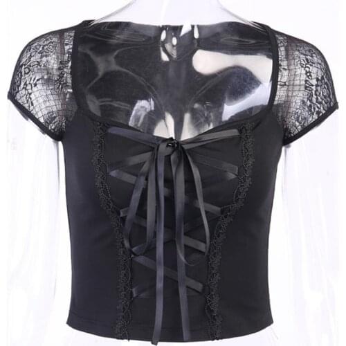 Women T-shirts Summer Harajuku Punk Sexy Club Gothic Streetwear Hollow Slim Lace-Up Bandage Black Casual Goth Short Tops Tees