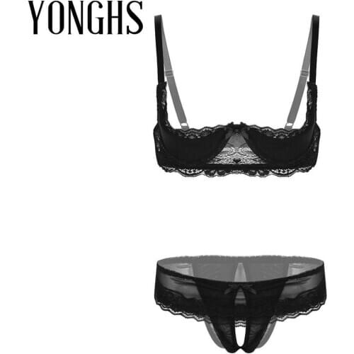Womens Exotic Lingerie Set Lace Sex Costume Unlined Shelf Hot Bra Top with Low Rise Crotchless Briefs Panties Sexy Underwear Set