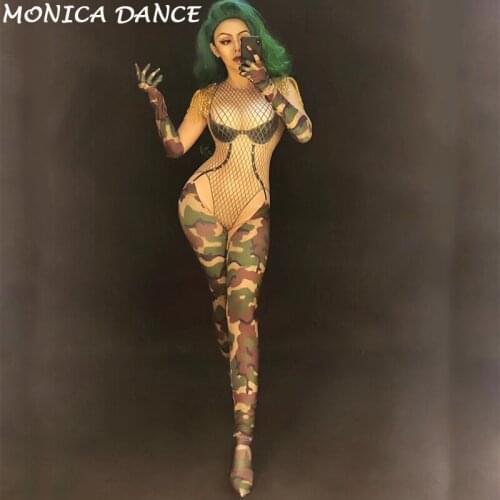 Women Sexy Stage Camouflage Printed Tassel Jumpsuit And Gloves Nightclub Female Singer Bodysuit Womens Party Celebrate Costumes