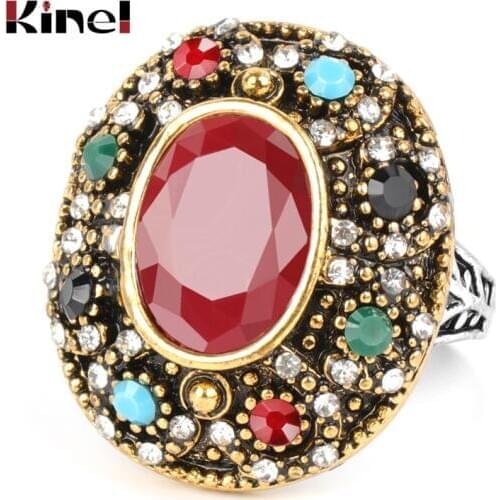 Kinel Luxury Turkey Big Ring For Women Antique Gold Mosaic Colorful Resin Party Ring Vintage Wedding Jewelry 2019 New