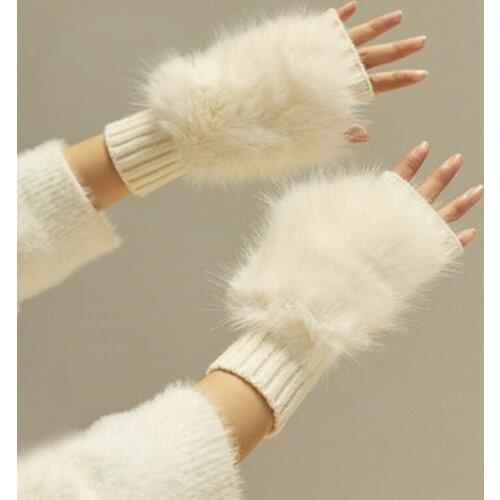 Winter Women Warm Fluff Knitted Gloves Woman Soft Half Finger Gloves Female Rabbit Fur Mittens S2458