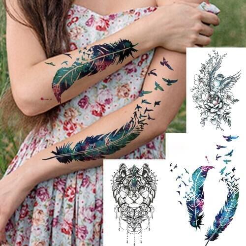 Watercolor Feather Birds Temporary Tattoo For Women Kids Men Fake Wolf Flower Tattoo Sticker Black Peony Jewelry Chain Tatoo Arm