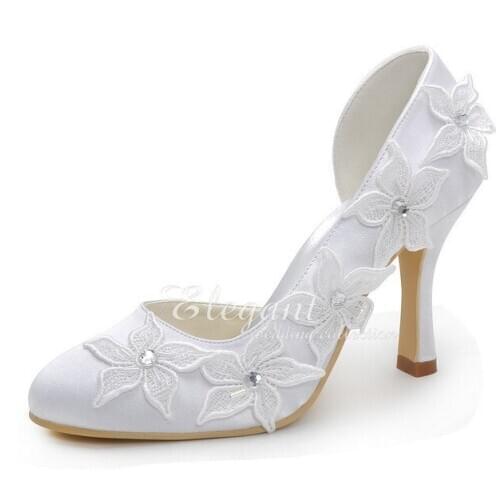 White Bridal Dress Shoes High Heel Lady Banquet Party Dress Shoes Plus Size Pumps Beautiful Flower Elegant Satin Wedding Shoes