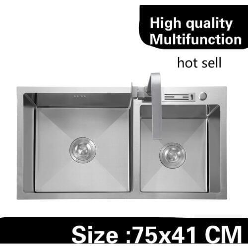 Free shipping luxury multifunction wash vegetables wogue small kitchen manual sink double groove 304 stainless steel 750x410 MM