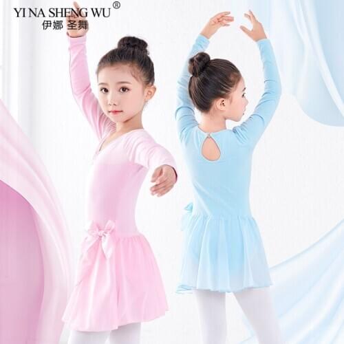 Kids Girl Ballet Gymnastics Leotard Dress Performance Long&Short Sleeve Dance Leotard Dancewear Clothes with Chiffon Bowknot