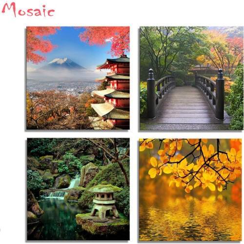 DIY Diamond Painting Cross Stitch 4pcs Japanese Style Fuji Mountain Across Lake Diamond mosaic Full Square Diamond Embroidery