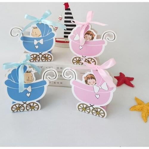 Pink Girl Blue Boy Paper Baby Carriage Candy Box Kids Gift Boxes For Guests Box Baby Shower Birthday Party Decoration Supplies