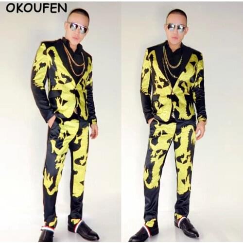 Quality Fashion Men Black Dragon Robe Suits Costumes Nightclub male singer DJ GD Party show stage performance blazers set