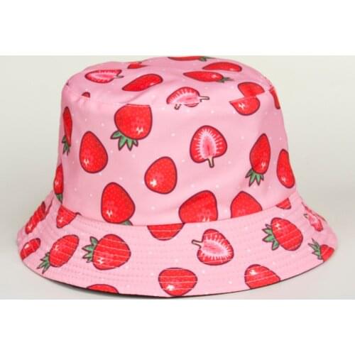 Summer Small Fresh Cartoon Strawberry Print Fisherman Cap Girl Soft MOE Sunshade Cap Adult Cap Double-Sided Travel Basin Cap
