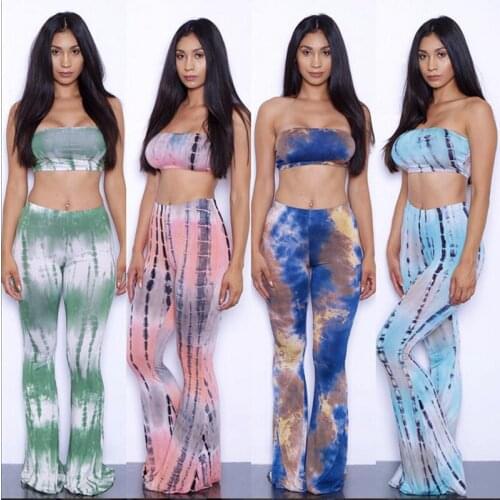 Sexy Tie Dye Two Piece Club Outfit Beach Wear Strapless Crop Top and Long Flare Pants Summer Tracksuit Fashion Y2k Boho Clothes