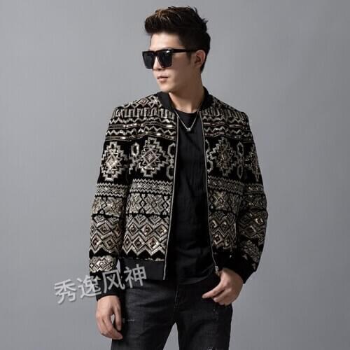 Autumn Mens Spring Wear Baroque Court Wind Imported Velvet Heavy Embroidery Increase Paillette Leisure Time Loose Coat Jacket