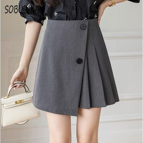 SOBURLUR 2021 Summer New Harajuku A-Line Pleated Skirt Suits New Preppy Woman Clothes Empire High-waisted Mini Skirt Button Chic