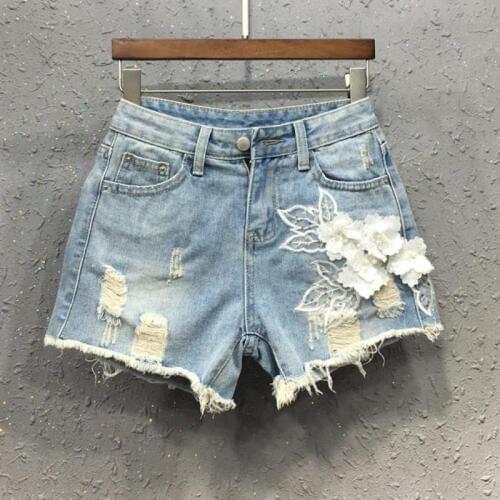 Summer Fashion Casual Women Sequined Flower Embroidery Tassel Distressed Hot Denim Shorts , Ladies Woman Flower Jeans Shorts