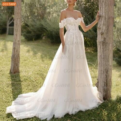Fashion Wedding Gowns Ivory 2021 Boho Robe De Mariée Tulle Slim Fit A Line Vestido De Casamento Lace Appliques Bridal Dresses
