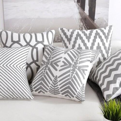 Home Decor Emboridered Cushion Cover GreyGeometric Canvas Cotton Suqare Embroidery Pillow Cover 45x45cm
