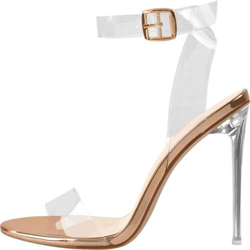 Onlymakr Womens Summer Clear PVC Strappy Sandals White Black Golden Transparent High Heels Ankle Buckle Shoes Big Size US5-15