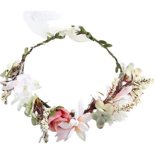 Girls Headband Boho Flower Crown with Ribbon Handmade Pink Crown Wedding Bridal Headpiece Lovely Hair Accessories