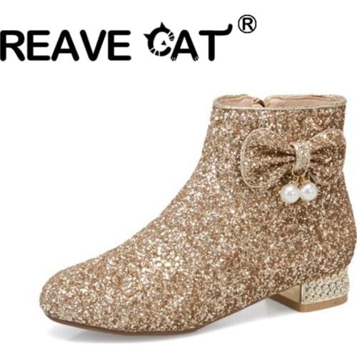 REAVE CAT Princess Ankle Boots Bowtie Pearl Crystal Sequined Cloth Round Toe Shiny Zip 2.5cm Short Heel US12 Gold Silver A4214