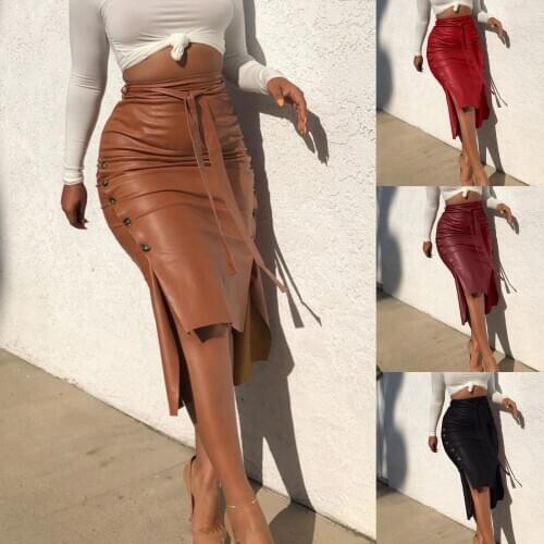 Sexy Women Autumn Winter Faux Leather Bandage Button Bodycon Split Midi Skirt