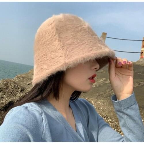 INS Hat Winter Womens Fashion Solid Color Rabbit Fur Hat Bucket Cap Fishermans Hat Retro Knitted Wool Basin Bucket Gorros