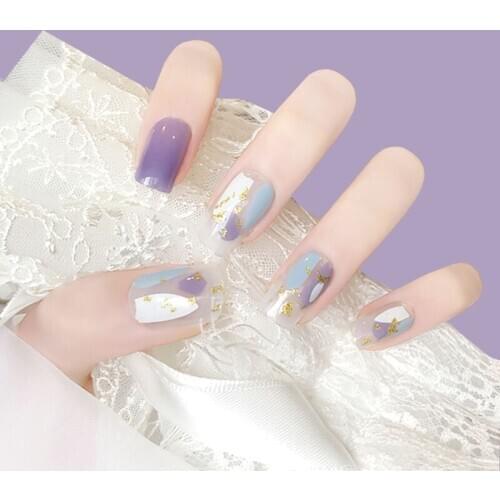 Blue and purple hit pure color with shading pattern false nails french 24pcs with glue cute lady full nail tips short size