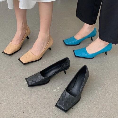 Fashion Newest Women Sandals 2021 Spring Thin Heels Pumps for Women Weave Square Toe Shallow Slip-On Office Lady Shoes