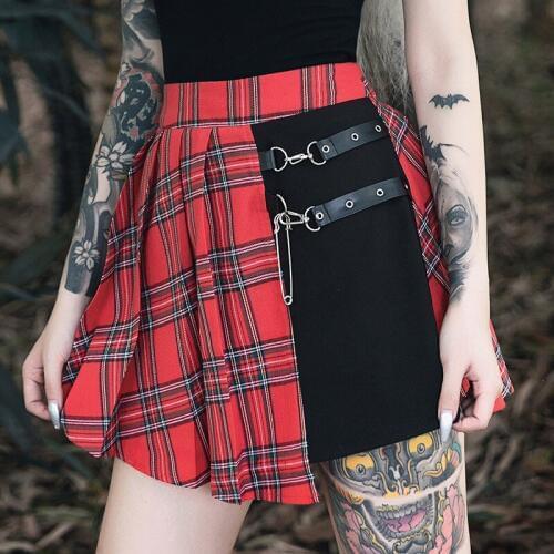 Red Plaid Punk Gothic Skirts Patchwork Rivet Belt Pleated Asymmetrical Belt Grunge Womens Skirt Fall Fashion Sexy