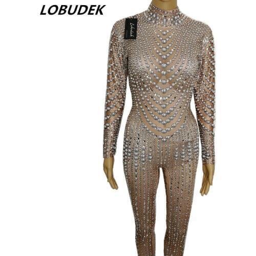Female Full Crystals jumpsuit Rompers Costume Shining Rhinestones Bodysuit Stage wear Sexy Bar Singer Party Performance outfit