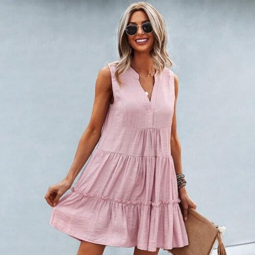 Women Summer A-Line Dress Fashion Loose Patchwork Ruffles Decor V-Neck Sleeveless Solid Color Pullovers Mini Dress