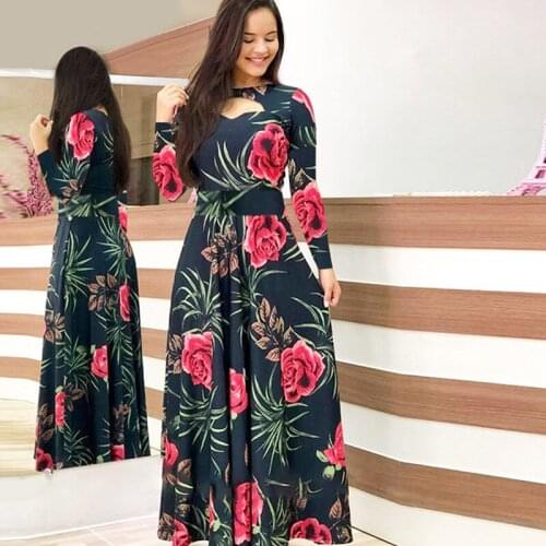 2021 Autumn And Winter Short-sleeved Ladies Dress Summer Elegant Floral Round Neck Print High Waist Stretch Robe Long Skirt