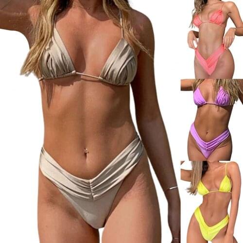 2021 Women Swimwear Pleated High Cut Backless Lacing Bra Thong Two Piece Swimming Suit Bikini Female Beach Sexy Bikinis Sets