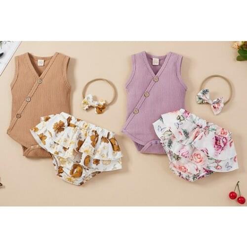 Three Piece Baby Girl’s Clothes Fresh Solid Color Sleeveless Romper and Flower Shorts with Headband Sunsuit