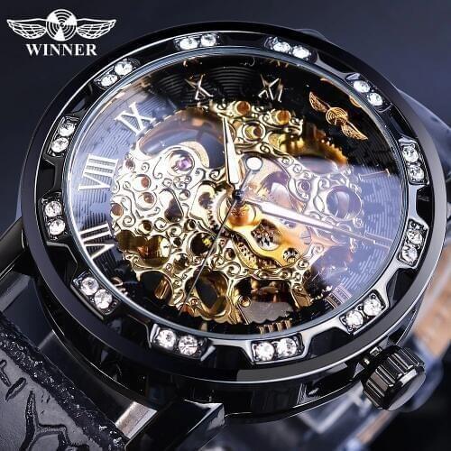 Winner Fashion Men Black Hand Wind Mechanical Watch Rhinestone Skeleton Roman Analog Leather Band Business Luminous Male Clock
