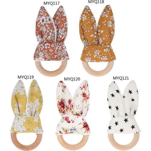 Baby Boy Bunny Ear Teether Safe Organic Wood Teething Ring 7 Color Choice Shower Gifts