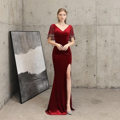Elegant Deep V Neck Female Evening Dress Side Slit High Split Vestidos Largos Bonitos Flare Sleeve Backless Sexy Ladies Vestidos